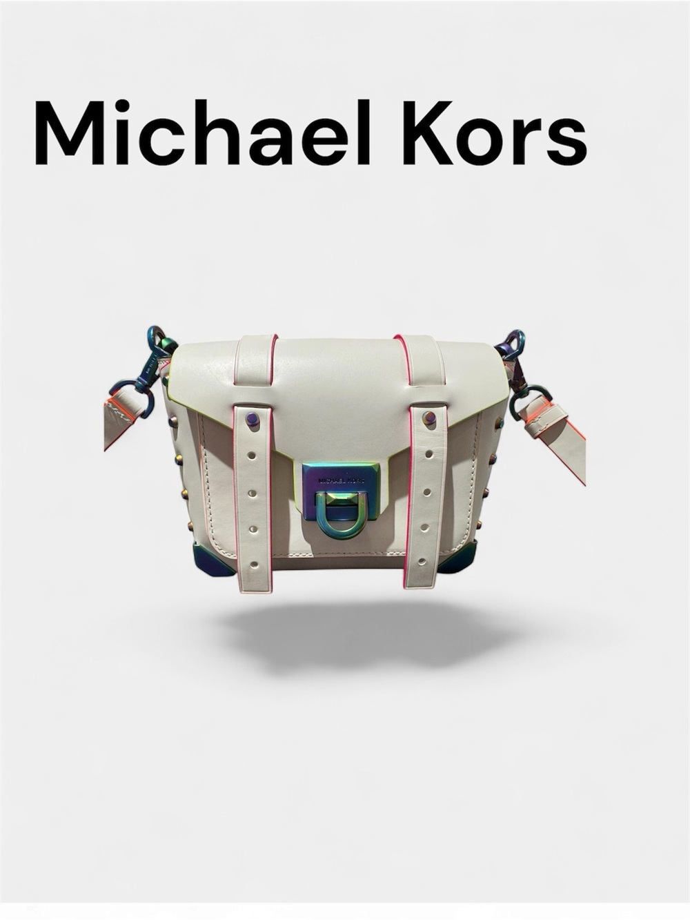RARE Michael Kors Manhattan XS Neon Trim Crossbody White Iridescent Hardware